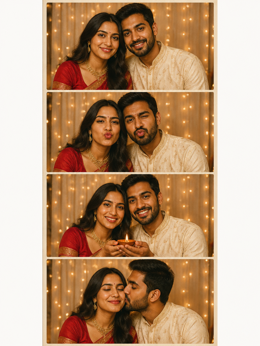 Bengali Couple Diwali Photo Booth Strip – Bengali AI photo made with Gemini and ChatGPT prompt