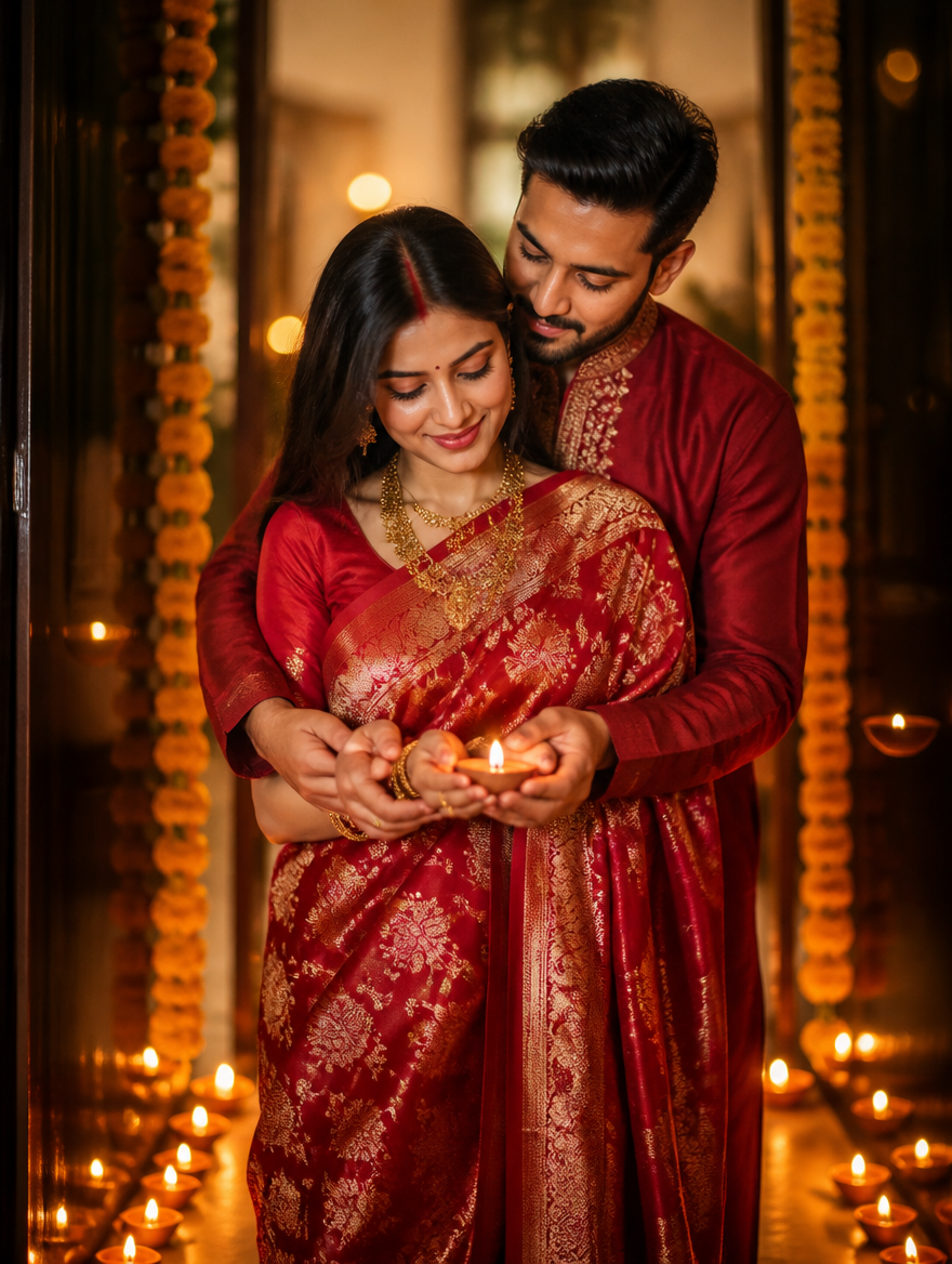 Bengali Newly Married Couple First Diwali – Bengali AI photo made with Gemini and ChatGPT prompt