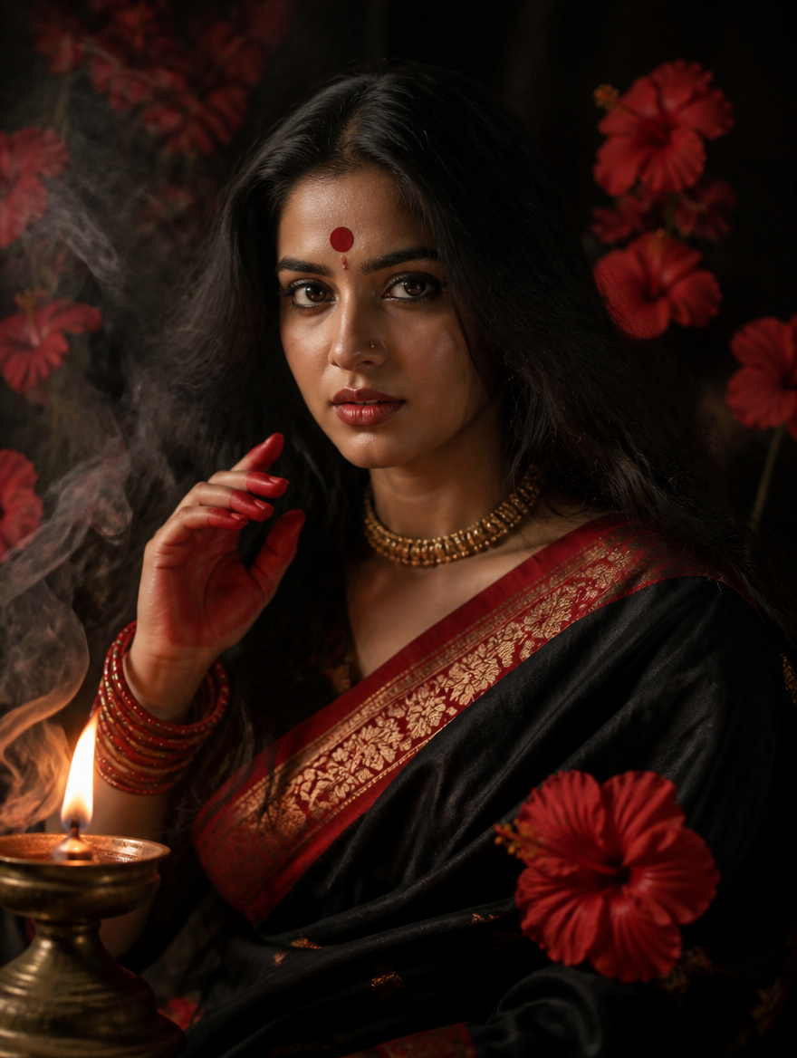 Kali Puja Shakti Red Black Cinematic – Bengali AI photo made with Gemini and ChatGPT prompt