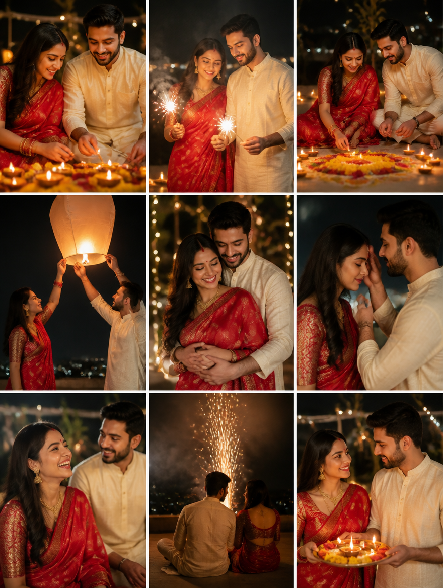 Bengali Couple Diwali 9-Pose Grid Collage – Bengali AI photo made with Gemini and ChatGPT prompt