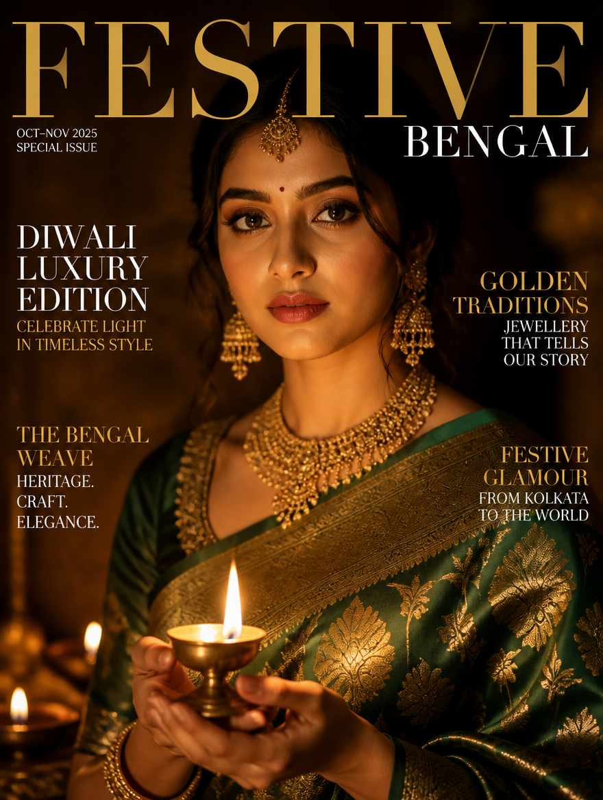 Bengali Girl Diwali Magazine Cover Edition – Bengali AI photo made with Gemini and ChatGPT prompt