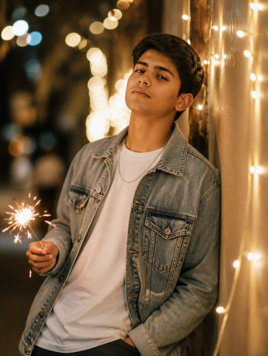 Bengali Boy Diwali Streetwear Sparkler Gen-Z – Bengali AI photo made with Gemini and ChatGPT prompt