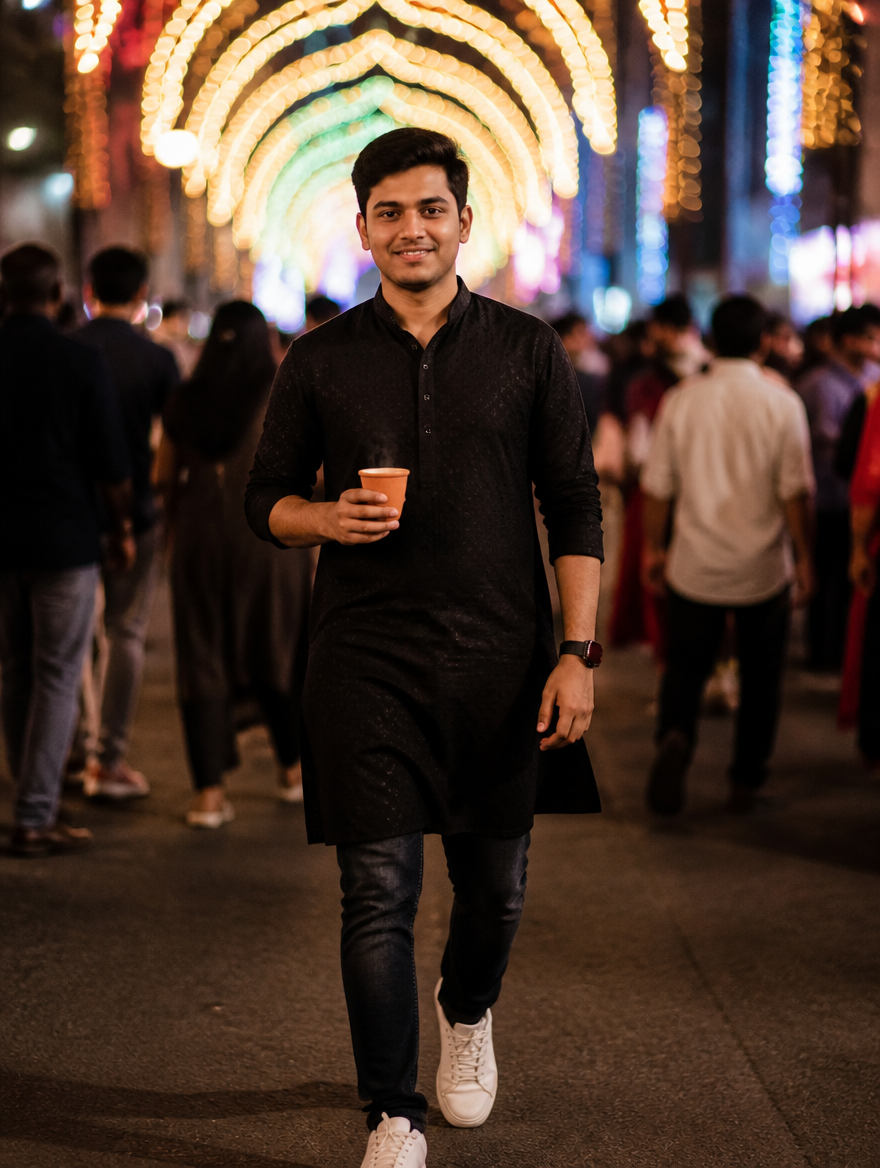 Kali Puja Night Pandal Hopping Boy – Bengali AI photo made with Gemini and ChatGPT prompt
