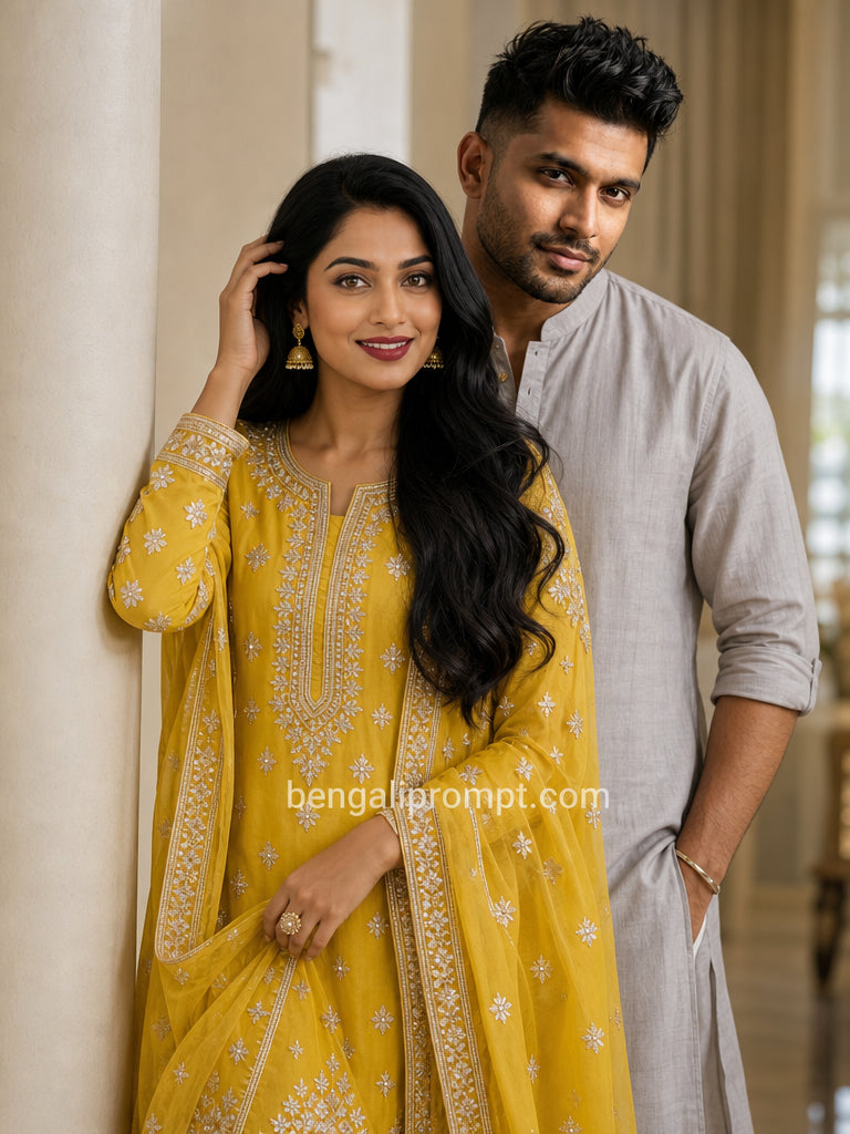 Elegant Minimal Couple Prompt – stunning South Asian couple standing together beside