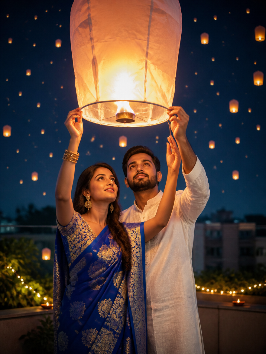 Bengali Couple Diwali Sky Lantern Release – Bengali AI photo made with Gemini and ChatGPT prompt