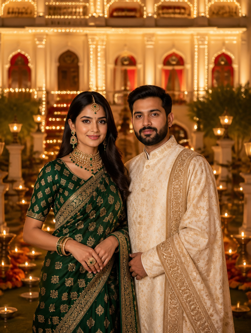 Bengali Couple Diwali Royal Rajbari Palace – Bengali AI photo made with Gemini and ChatGPT prompt
