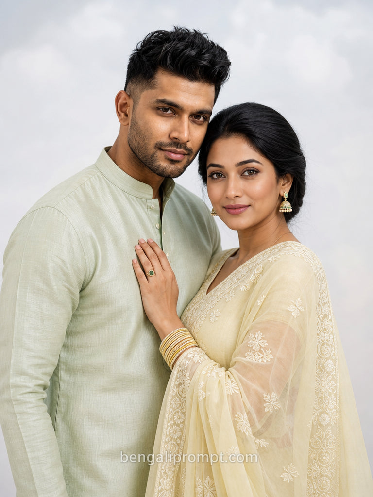 Elegant Minimal Couple Prompt – beautiful South Asian couple standing close together
