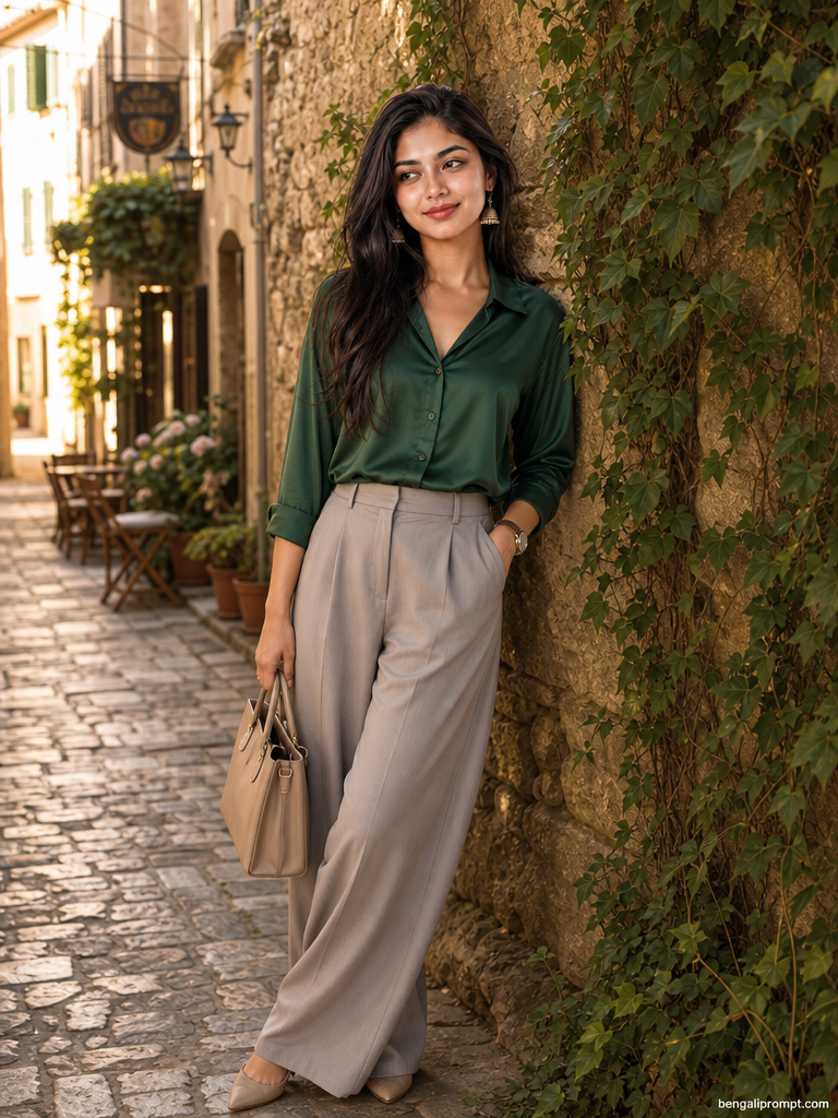 Luxury Lifestyle – woman leaning against a rustic stone wall