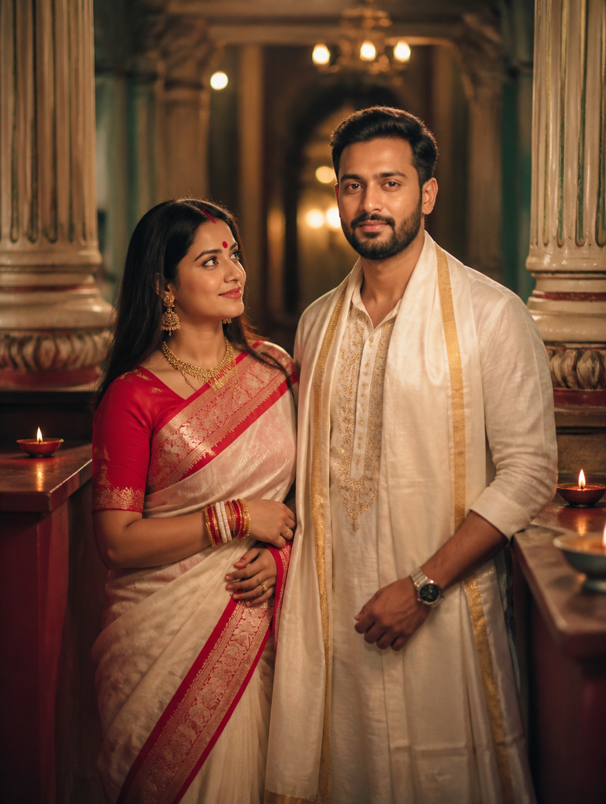 Bengali Couple Lal Paar Saree Dhoti Thakur Dalan – Bengali AI photo made with Gemini and ChatGPT prompt
