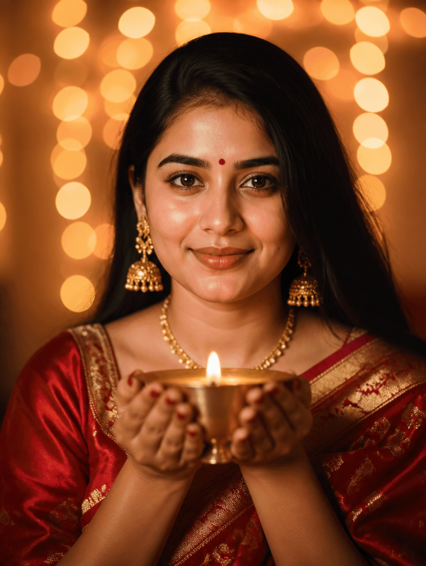 Bengali Girl Diwali Diya Red Saree – Bengali AI photo made with Gemini and ChatGPT prompt