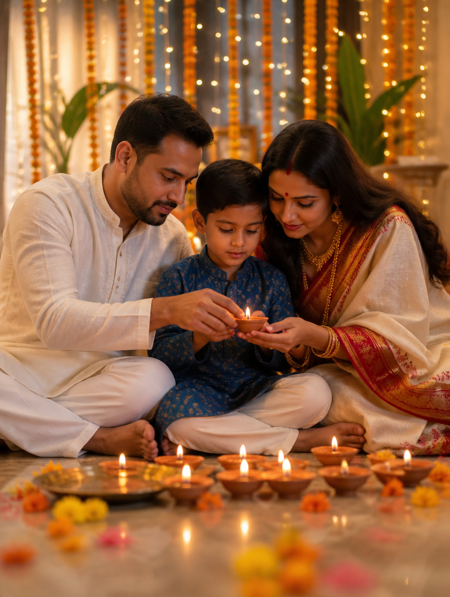 Bengali Family Diwali Lighting Diyas – Bengali AI photo made with Gemini and ChatGPT prompt