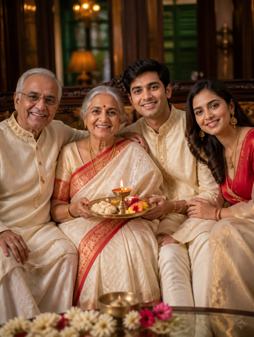 Bengali Grandparents Grandkids Diwali Thali – Bengali AI photo made with Gemini and ChatGPT prompt