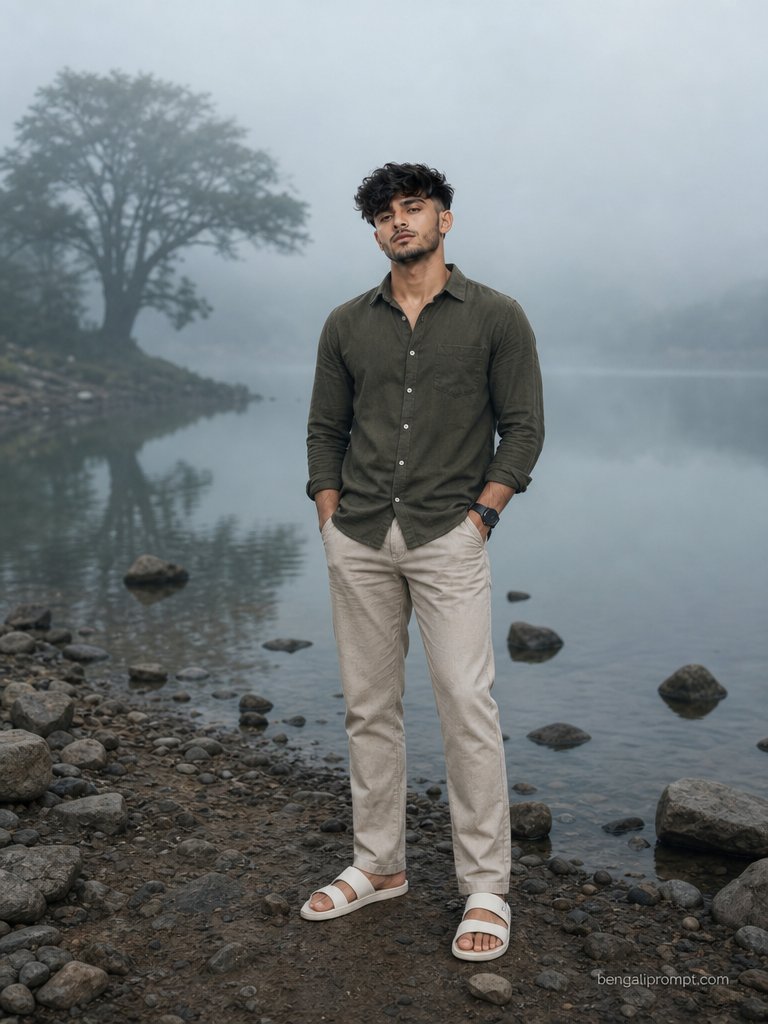 Foggy Forest Cinematic – Generate a moody foggy lakeside portrait of