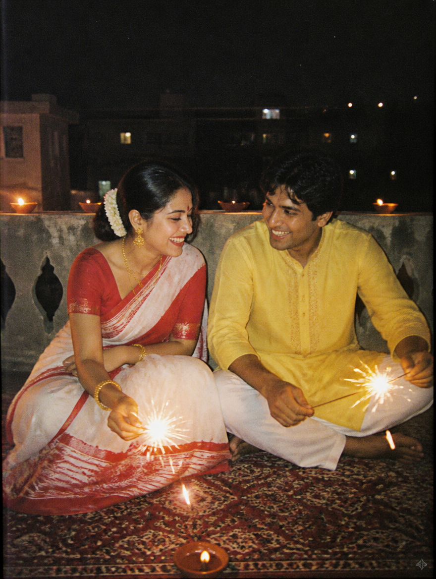 Bengali Couple Diwali Vintage 90s Film Look – Bengali AI photo made with Gemini and ChatGPT prompt