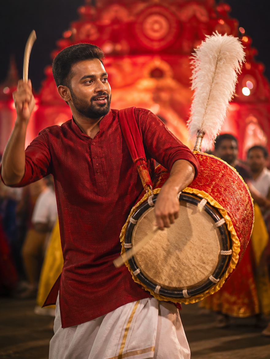 Kali Puja Dhaki Boy Playing Dhak – Bengali AI photo made with Gemini and ChatGPT prompt