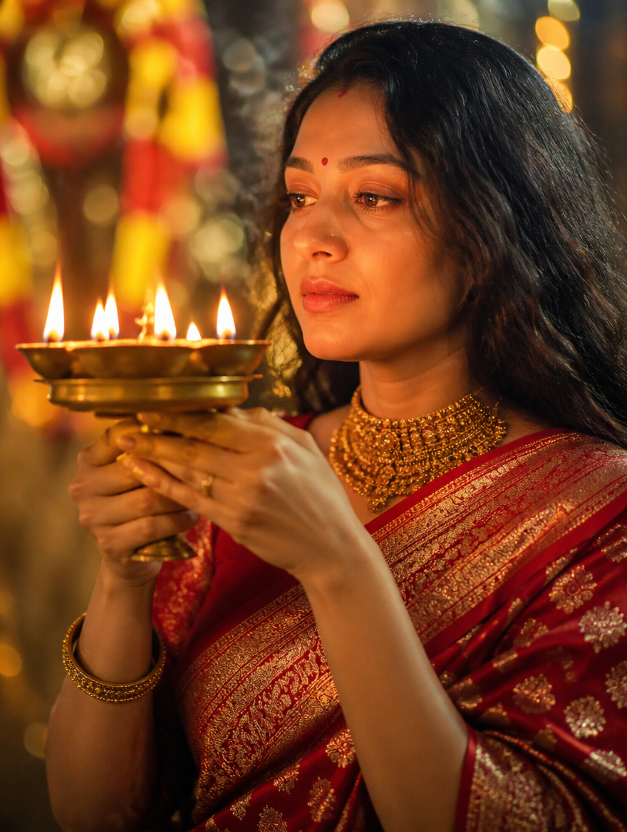 Kali Puja Aarti Pradip Woman – Bengali AI photo made with Gemini and ChatGPT prompt