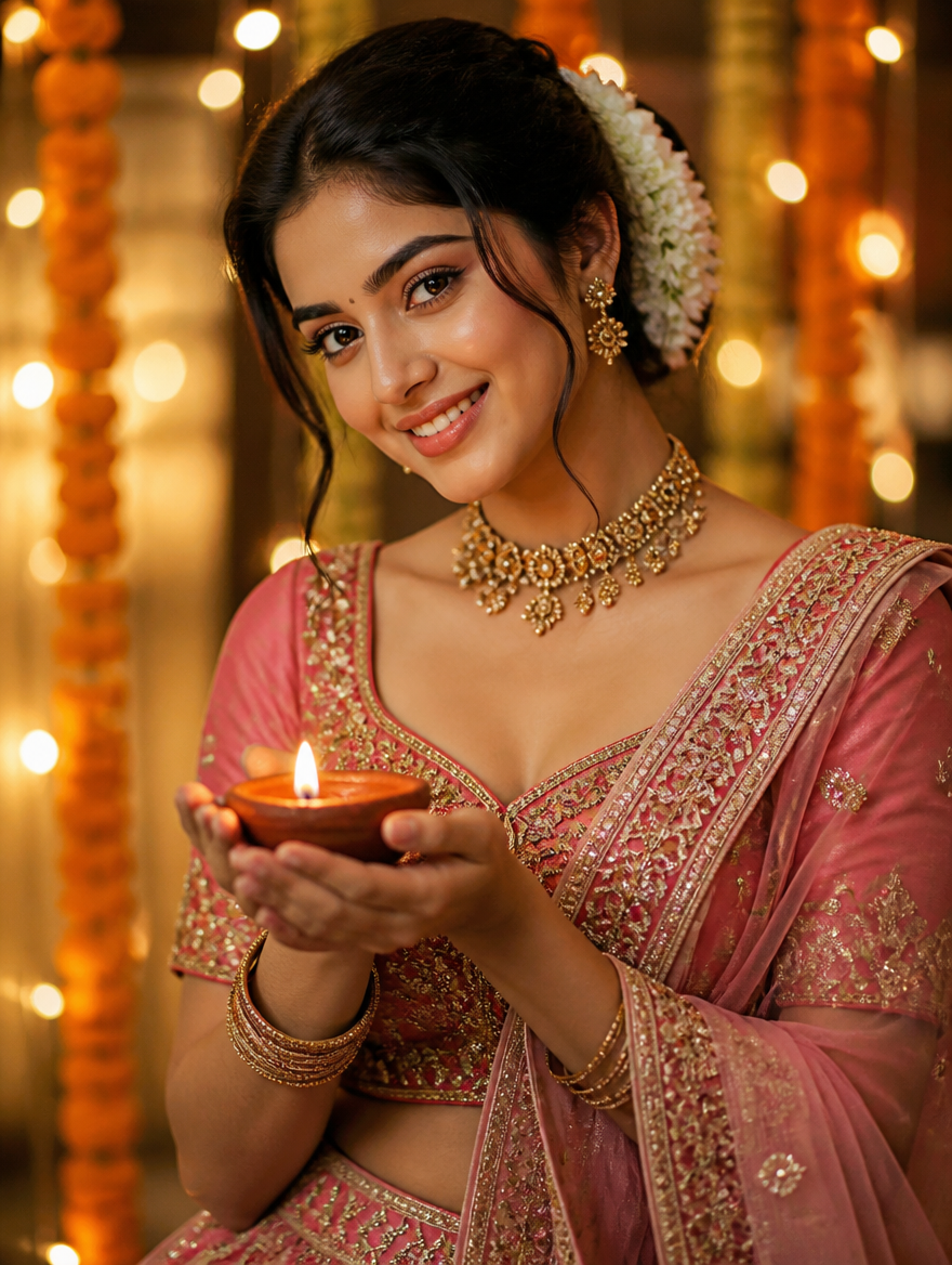 Bengali Kid Girl Diwali Lehenga Diya – Bengali AI photo made with Gemini and ChatGPT prompt