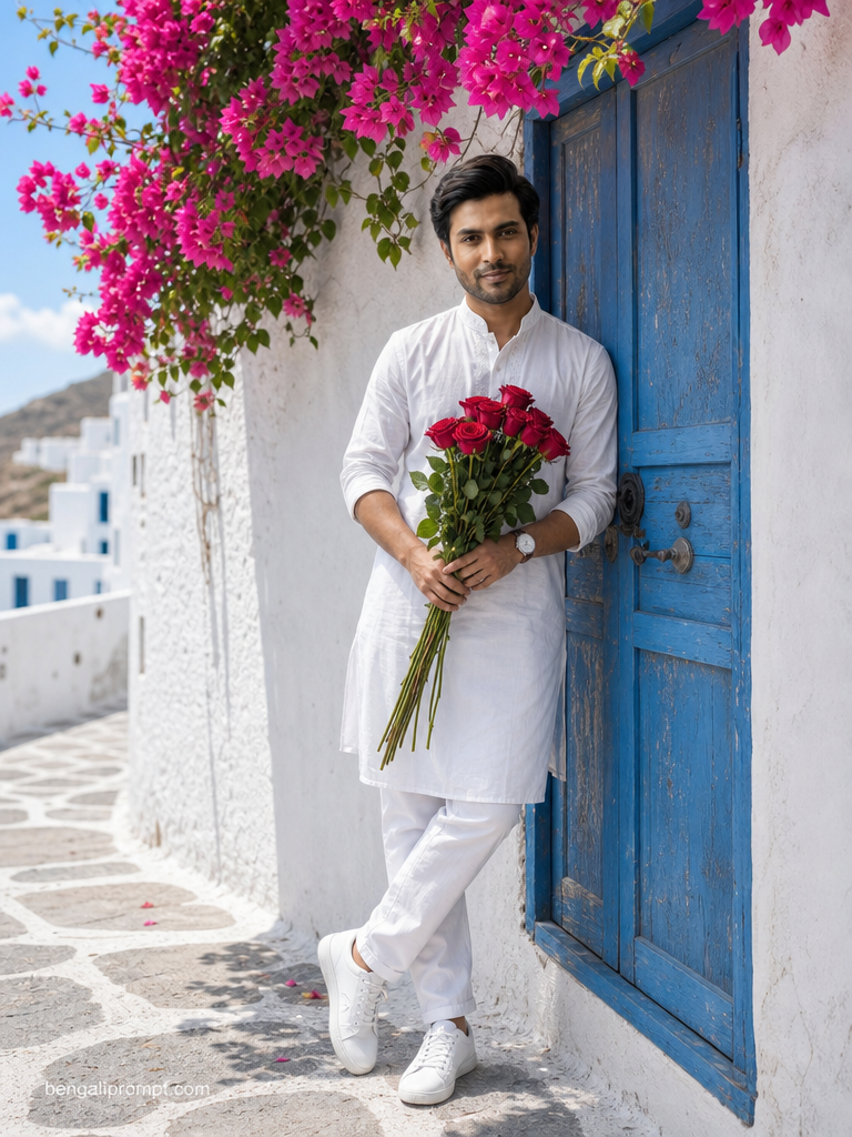 Cute Boy with Flower – man leaning casually against a rustic blue