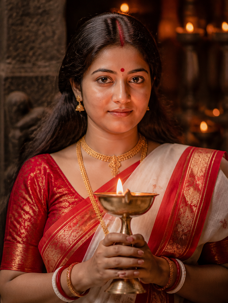 Bengali Lal Paar Saree Shakha Pola Look – Bengali AI photo made with Gemini and ChatGPT prompt