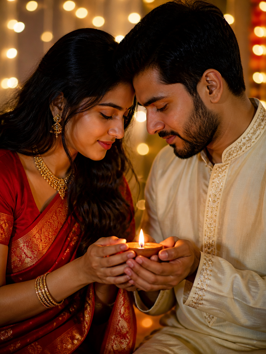 Bengali Couple Diwali Lighting Diya Together – Bengali AI photo made with Gemini and ChatGPT prompt