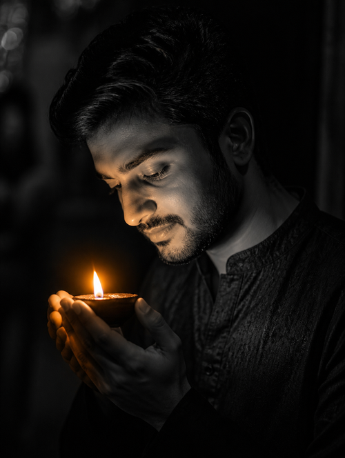Bengali Boy Diwali Black and White Diya Colour Pop – Bengali AI photo made with Gemini and ChatGPT prompt