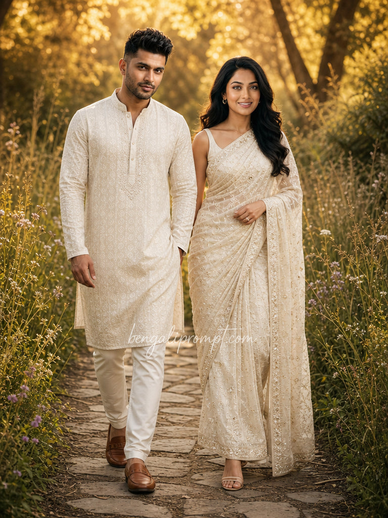 Elegant Minimal Couple Prompt – beautifully dressed South Asian couple walking side