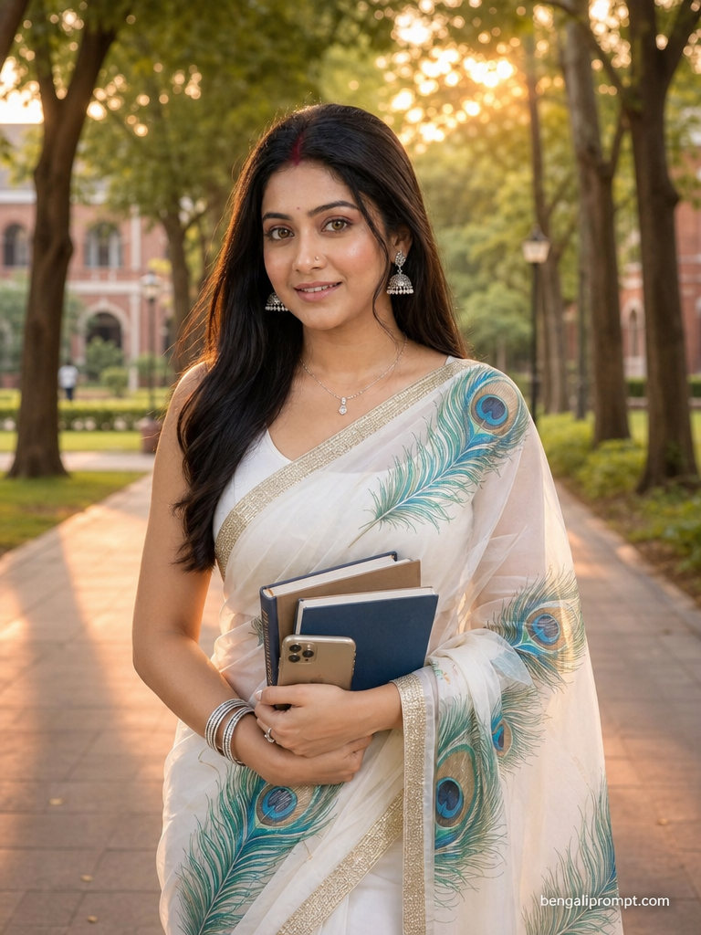 Saree look for women – beautiful smiling young Indian woman with long
