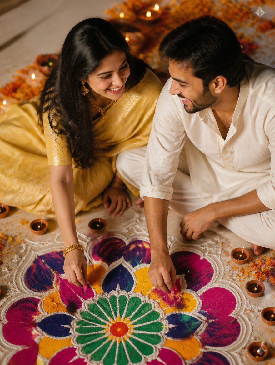 Bengali Couple Diwali Alpana Rangoli – Bengali AI photo made with Gemini and ChatGPT prompt