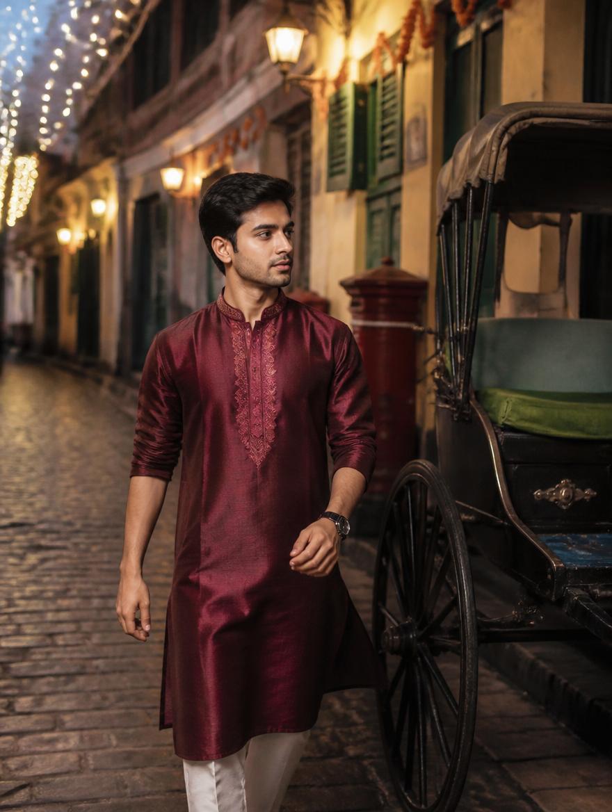 Bengali Boy Silk Panjabi North Kolkata Lane – Bengali AI photo made with Gemini and ChatGPT prompt