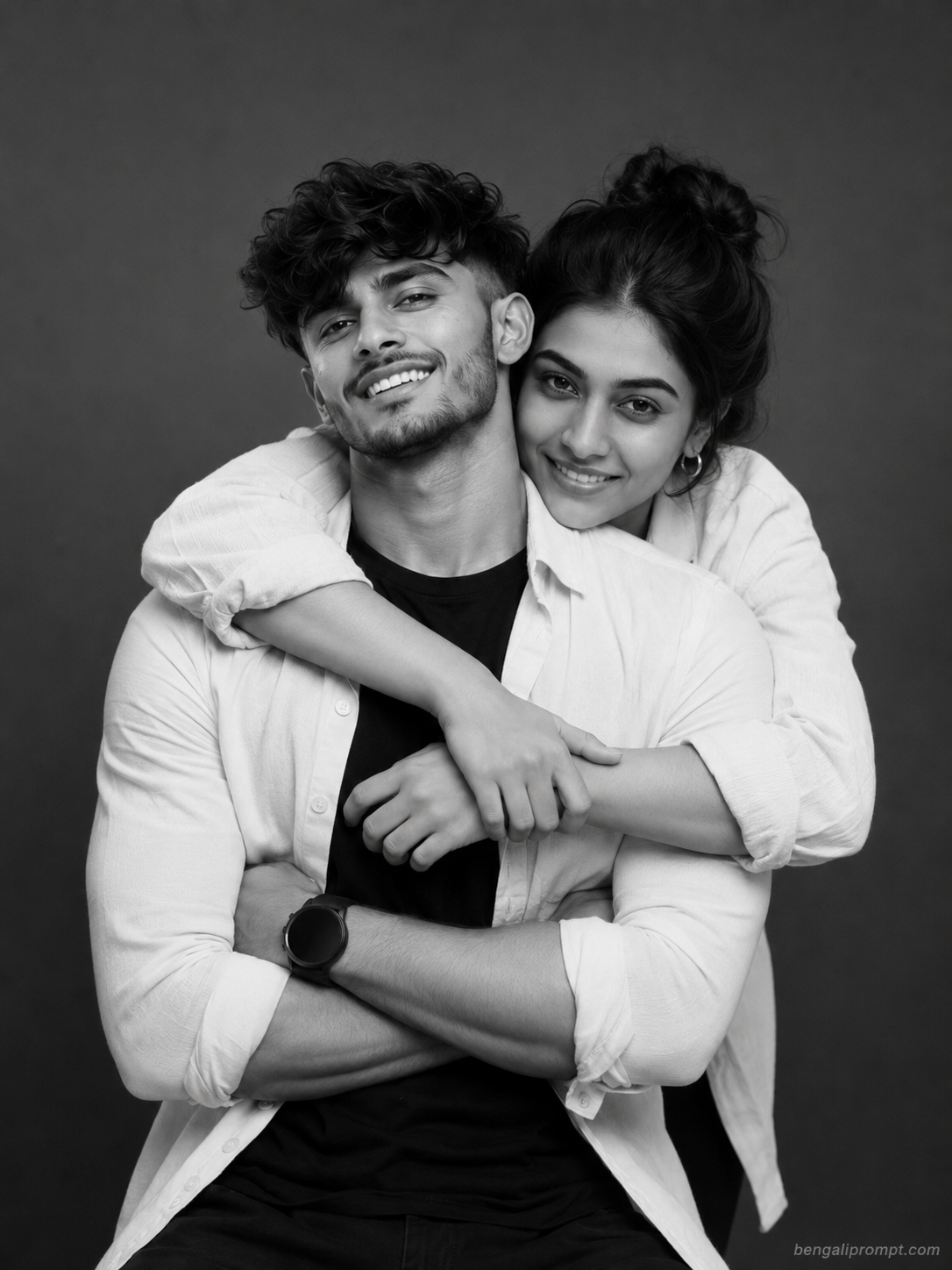 Black & White Couple Prompt – man smiling broadly at the camera while