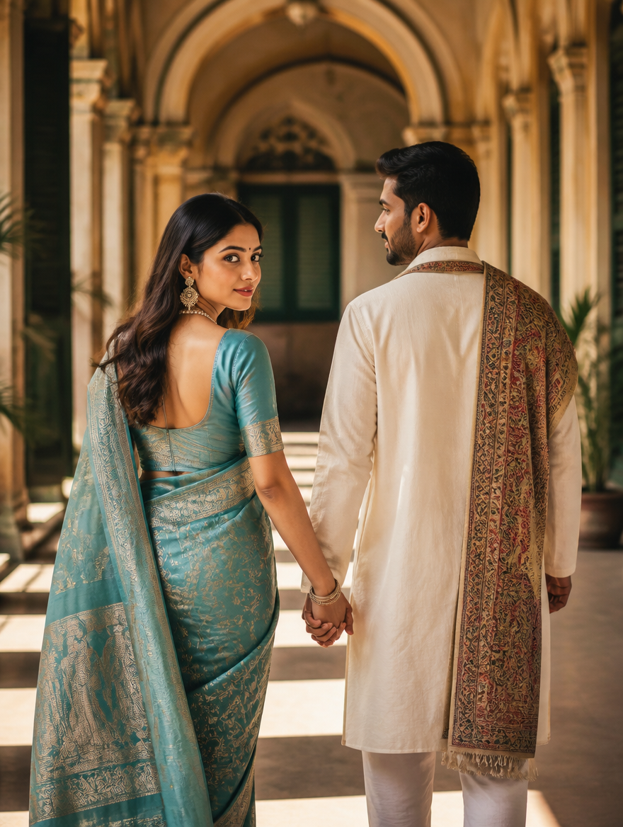 Bengali Couple Heritage Rajbari Corridor – Bengali AI photo made with Gemini and ChatGPT prompt