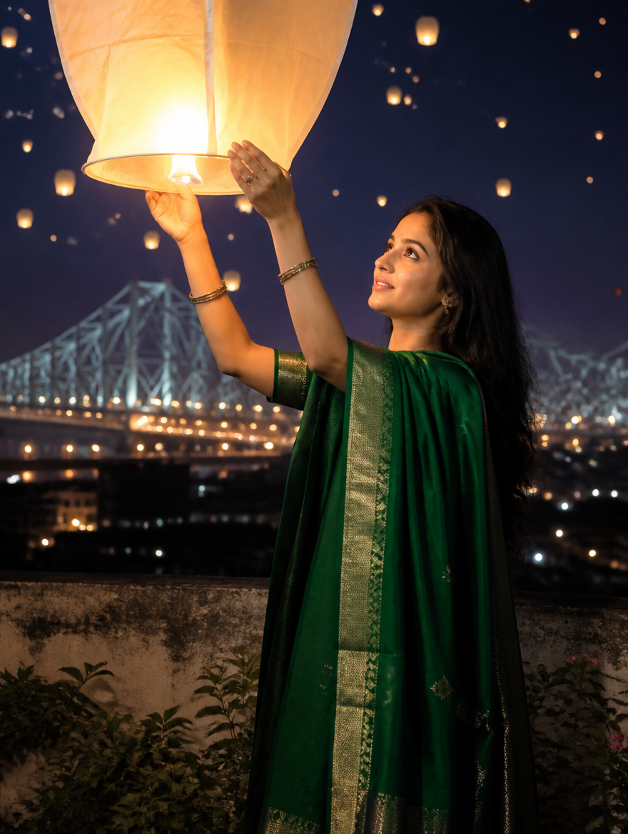 Bengali Girl Diwali Sky Lantern Kolkata – Bengali AI photo made with Gemini and ChatGPT prompt
