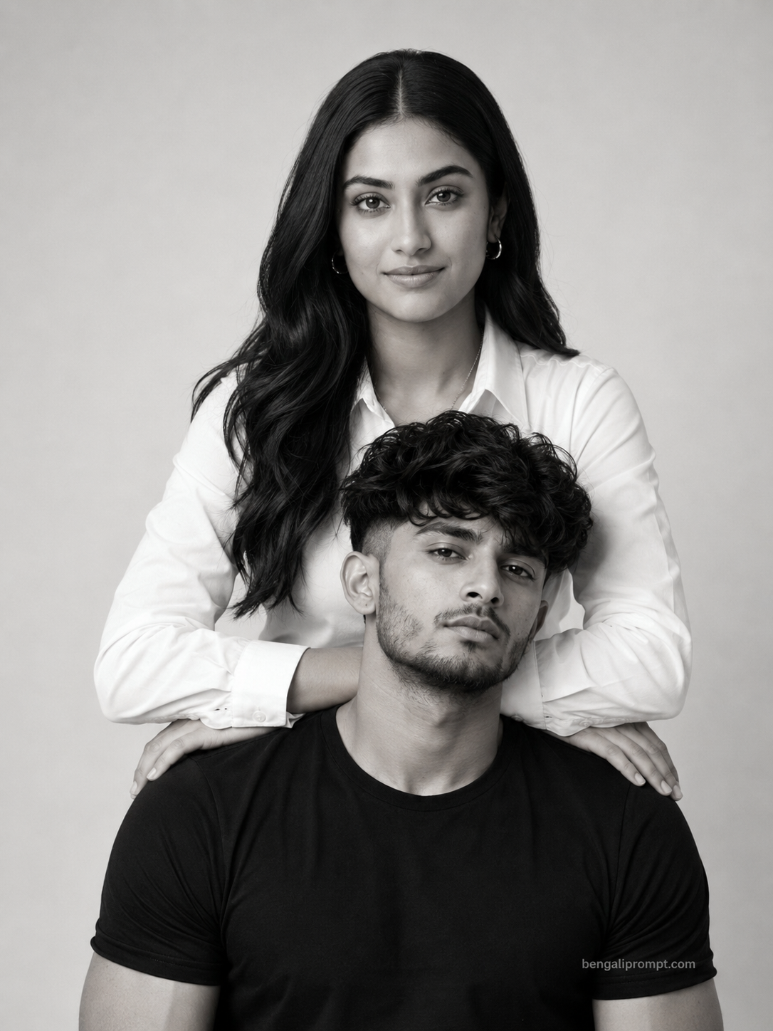 Black & White Couple Prompt – woman standing tall behind the man with