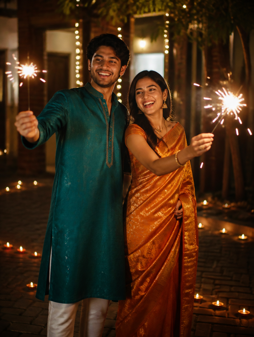 Bengali Brother Sister Kids Diwali Sparklers – Bengali AI photo made with Gemini and ChatGPT prompt