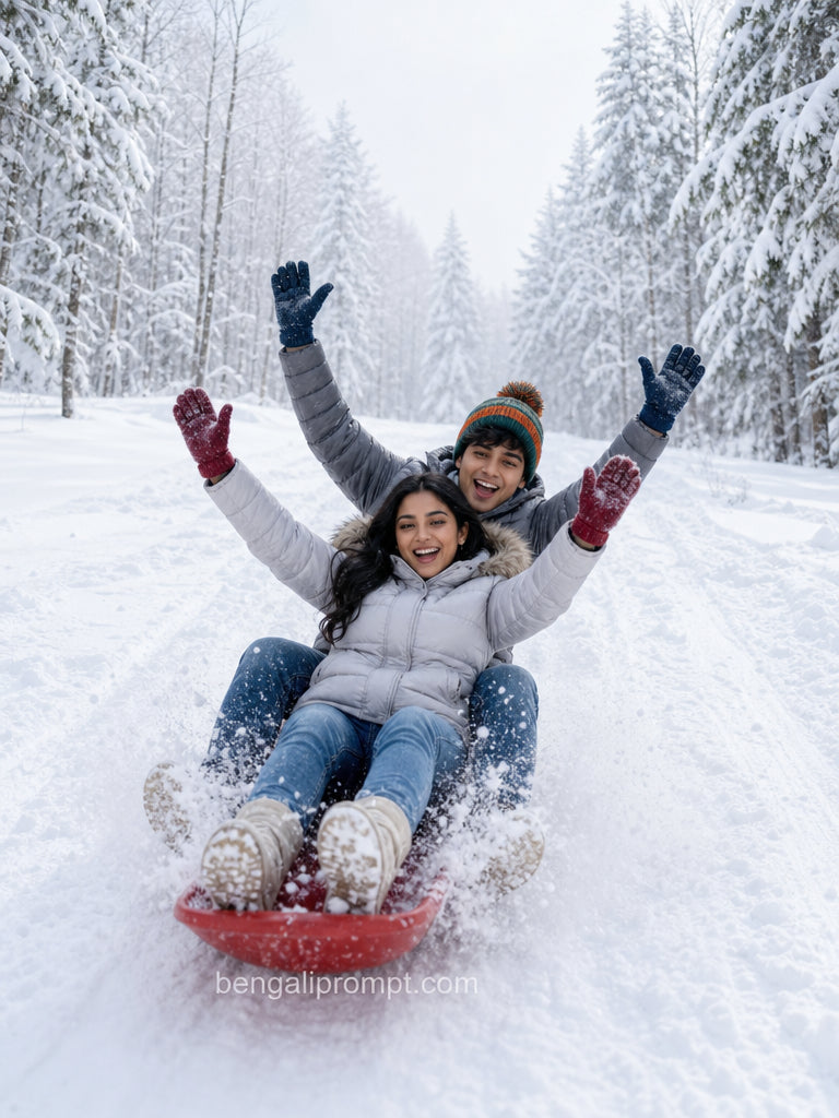 Couple Photo in Snow Mountain – young couple sledding together down a snow-covered