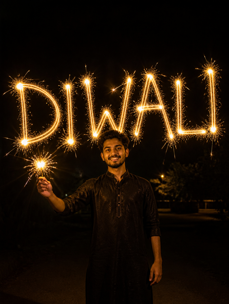 Bengali Boy Diwali Sparkler Light Painting Text – Bengali AI photo made with Gemini and ChatGPT prompt