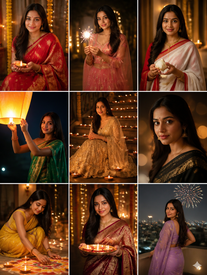 Bengali Girl Diwali 9-Look Grid Collage – Bengali AI photo made with Gemini and ChatGPT prompt