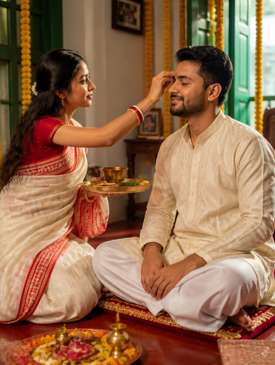 Bhai Phonta Tilak Ceremony – Bengali AI photo made with Gemini and ChatGPT prompt