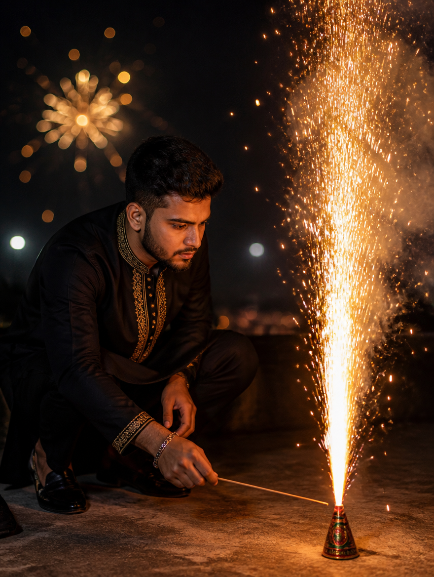 Bengali Boy Diwali Anar Rooftop Low Angle – Bengali AI photo made with Gemini and ChatGPT prompt