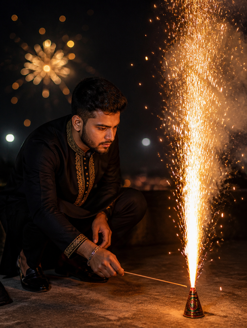Bengali Boy Diwali Anar Rooftop Low Angle – Bengali AI photo made with Gemini and ChatGPT prompt