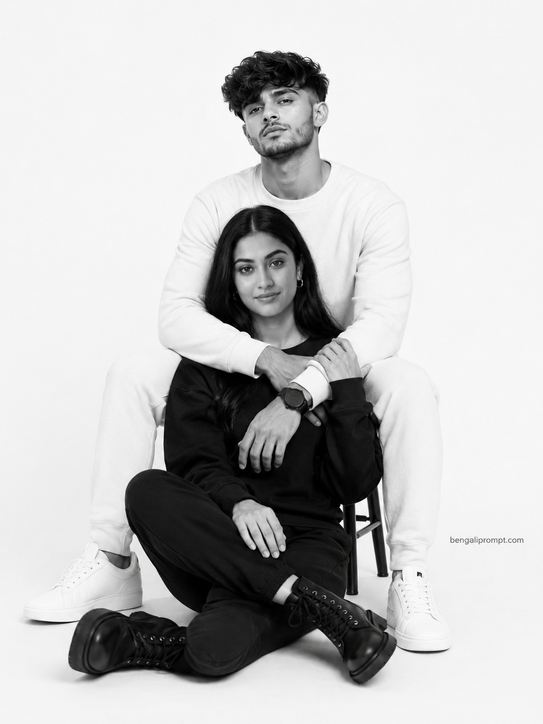 Black & White Couple Prompt – man seated on a small stool with