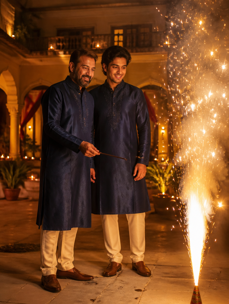 Bengali Father Son Diwali Anar Firework – Bengali AI photo made with Gemini and ChatGPT prompt