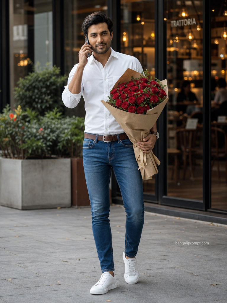 Cute Boy with Flower – stylish man standing outside a restaurant with
