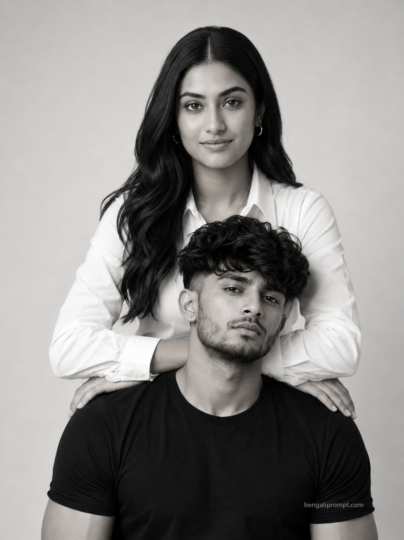 Bengali Black & White Couple Prompt AI photo prompt – woman standing tall behind the man with