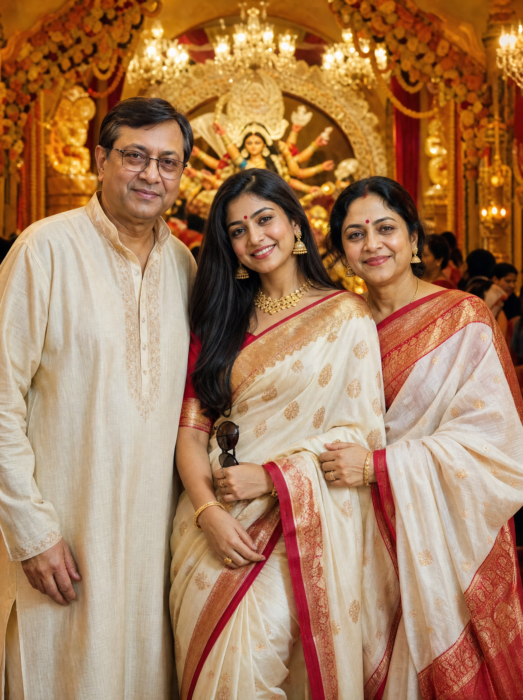 Daughter with Parents, Bengali AI image prompt for Durga Puja