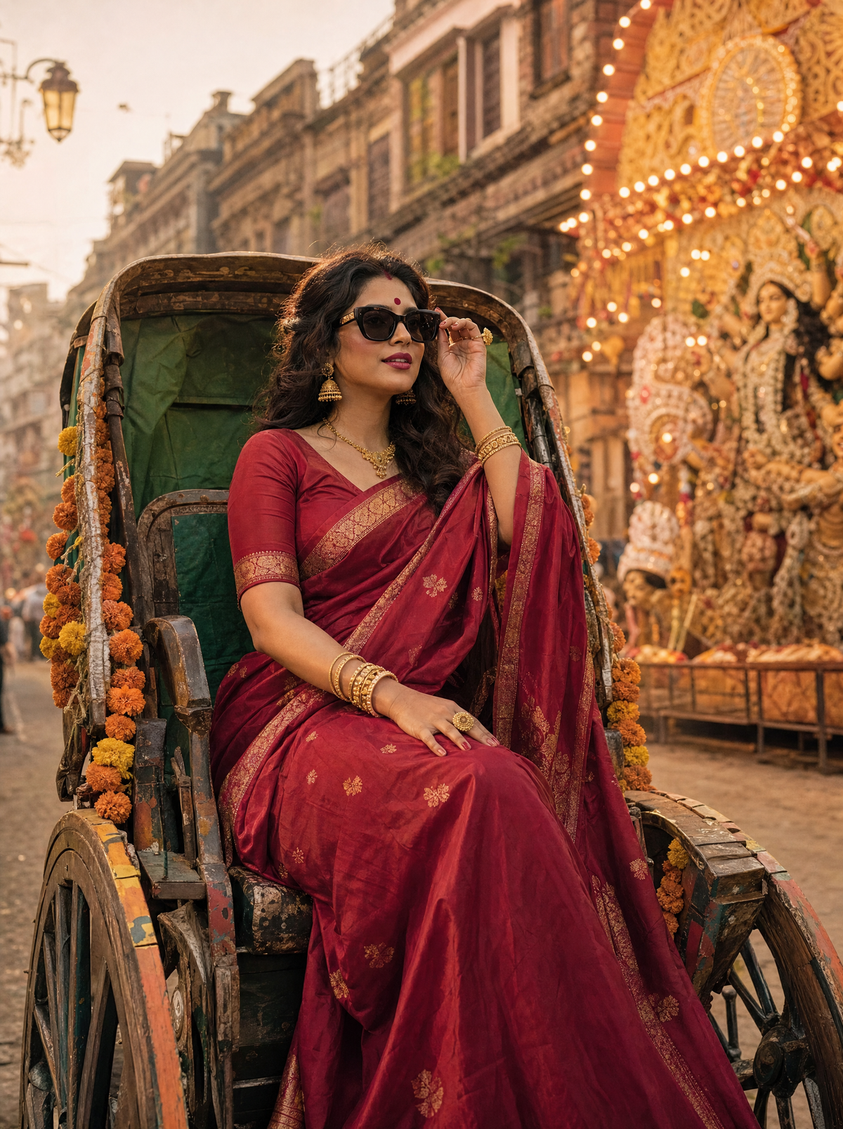 Gemini AI image prompt Durga Puja - Bengali Girl Kolkata Rickshaw