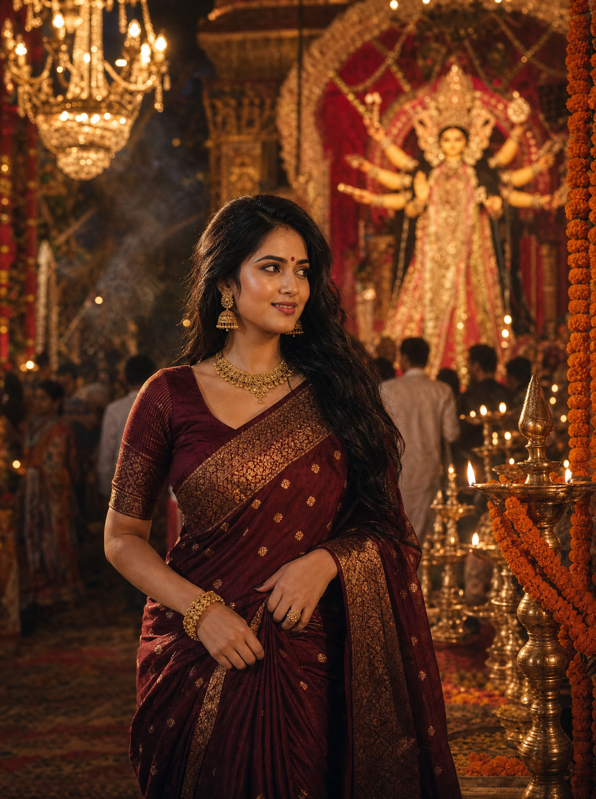 Bengali AI image prompt Durga Pujo - Midnight Maroon Saree