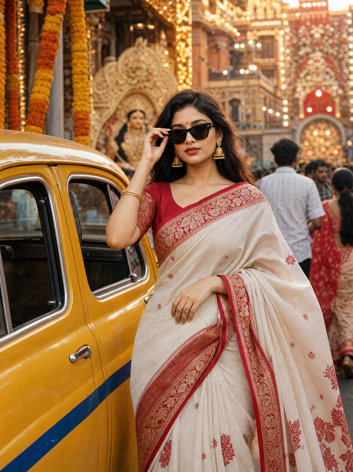 Gemini AI image prompt Durga Puja - Bengali Girl Yellow Taxi