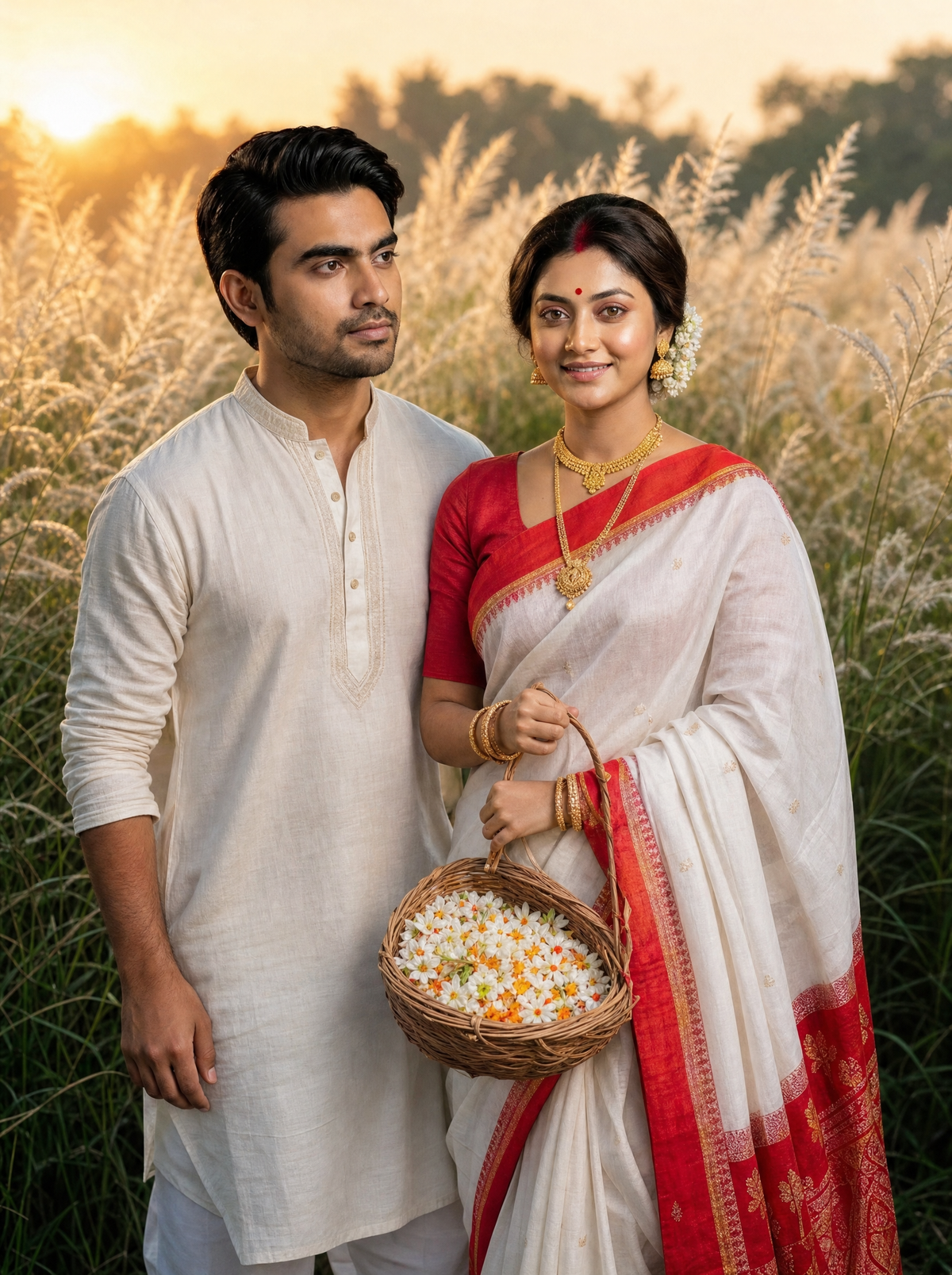 Durga Puja AI Photo Prompt - Bengali Couple: Kaash Phool Romance