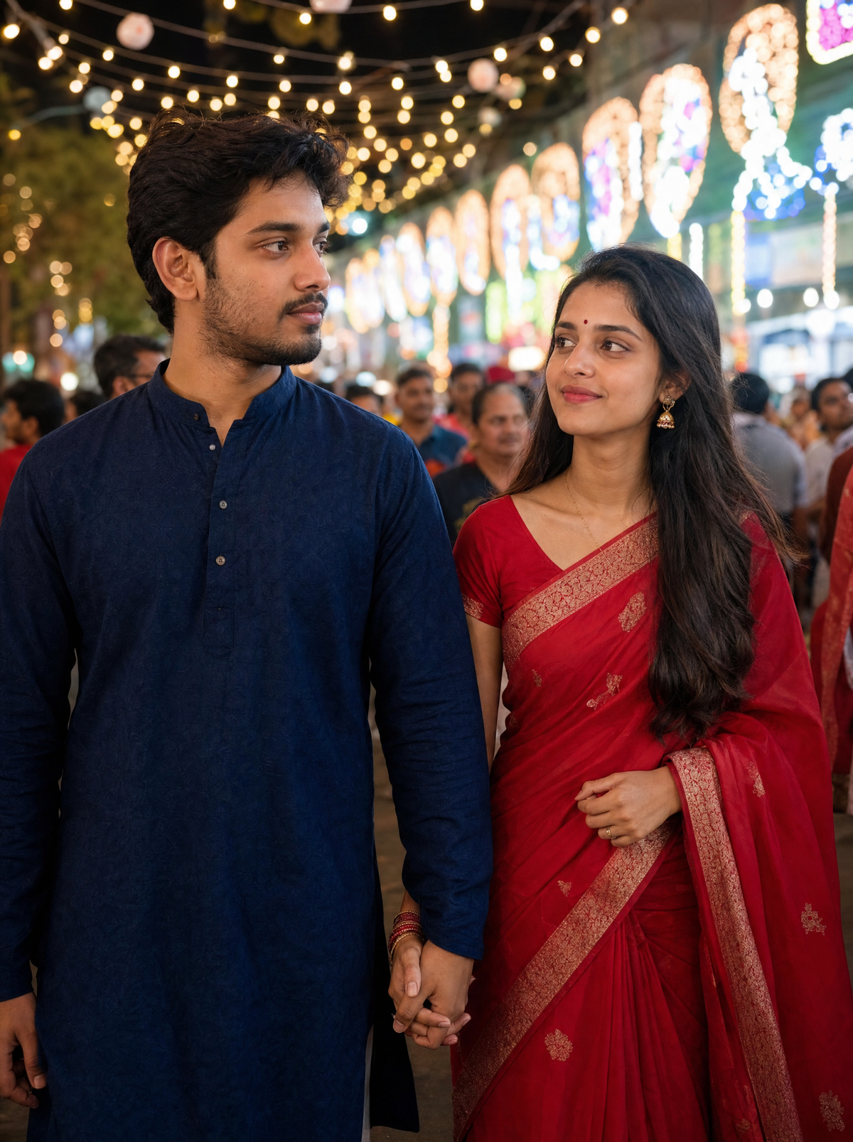 Durga Puja AI Photo Prompt - Bengali Couple: Pandal Gali Walk